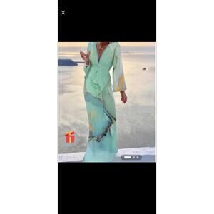 NORACORA Maxi Dress Women S Aqua Landscape Boho Belt Deep V-Neck Bell Sleeve NWT